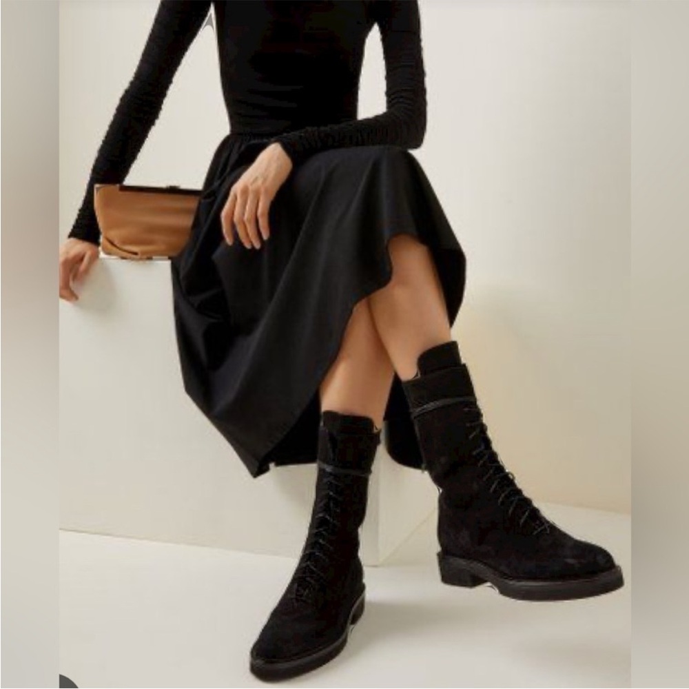 Khaite black suede lace-up combat boot 1.25” heel 40
